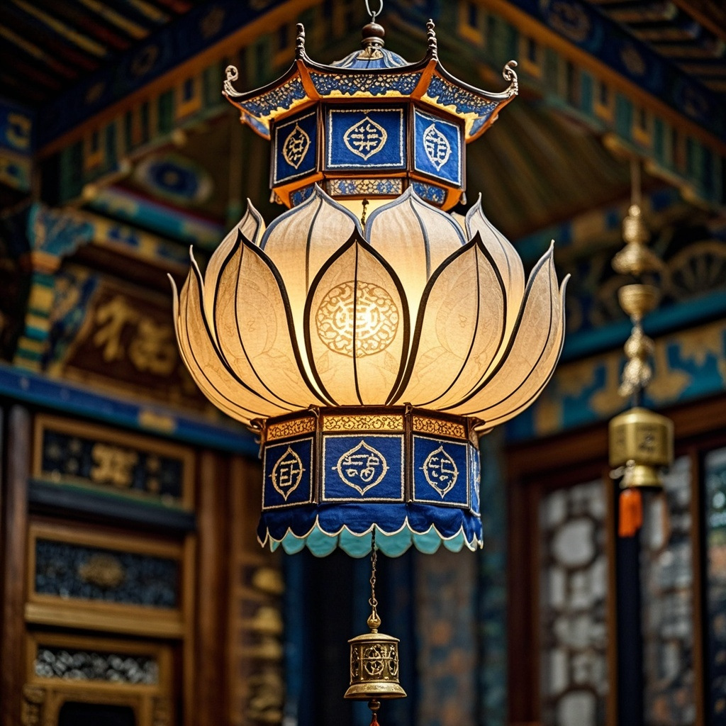 新中式吊灯佛堂布艺吊灯中国风莲花复古布艺灯大厅民宿灯具古建筑