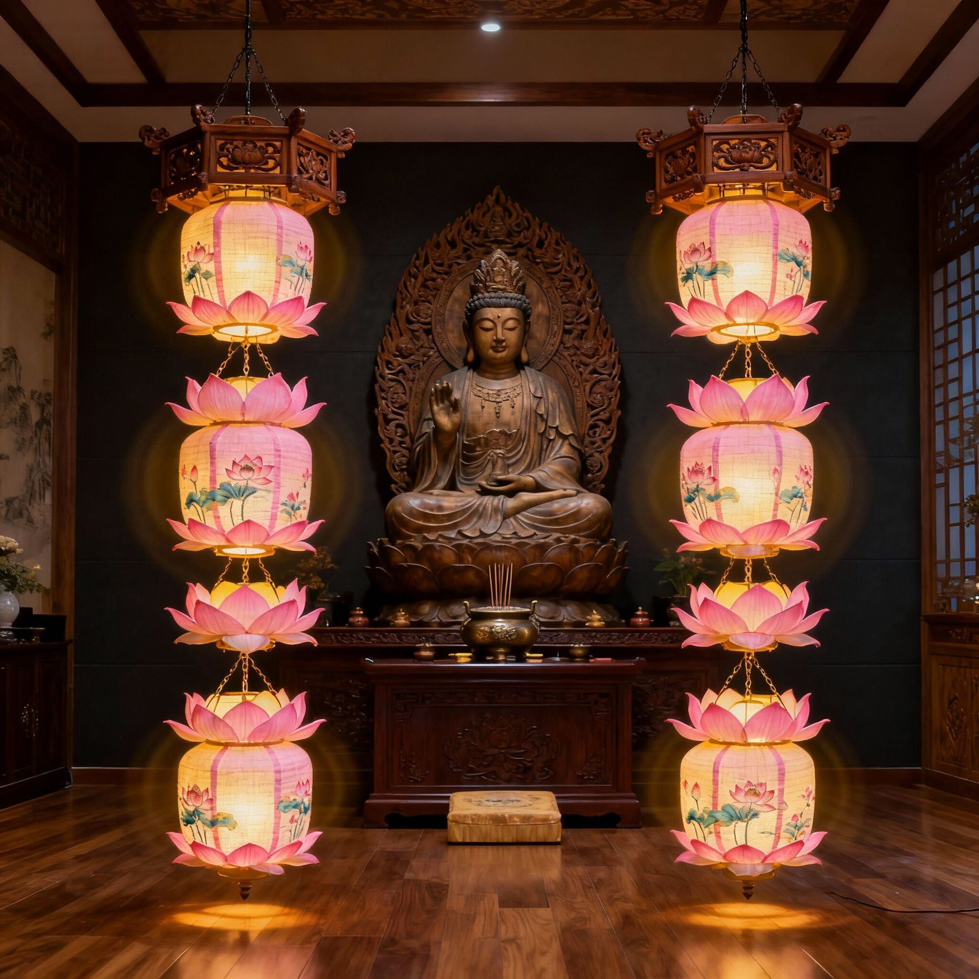 中式莲花吊灯创意布艺中国风荷花仿古佛堂禅意茶室楼室内餐厅灯笼